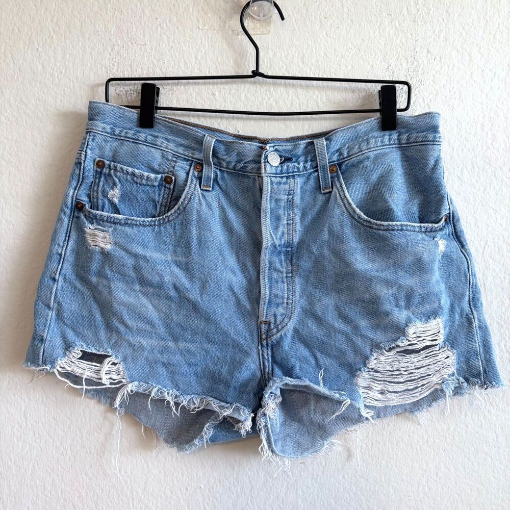 LEVI'S 501 Distressed Cut Off High Waist Blue Frayed Denim Jean Shorts Womens 31